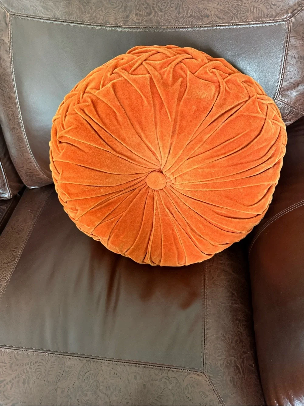 Large round vintage orange toss pillow 20”
